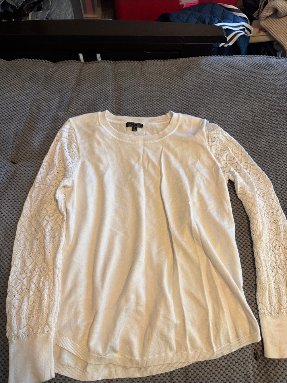 Petite Sophisticate Lace-Sleeve Long-Sleeve Tee in Ivory - Picture 1 of 5
